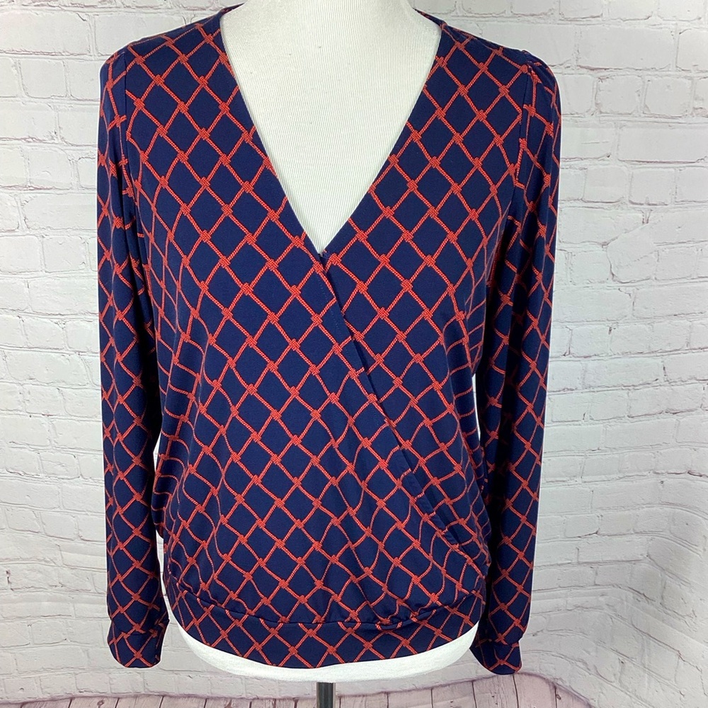Banana Republic Nautical‎ Faux Wrap Blouse Top Women’s Size Medium Navy Blue Red